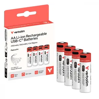 Verbatim Akumulatory AA USB-C 2100mAh 3150mWh 4 szt + kabel USB-C