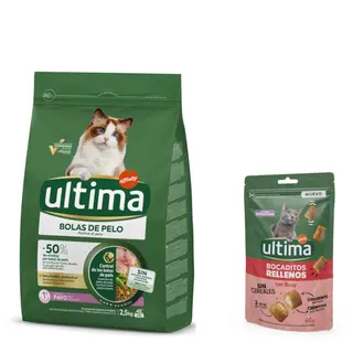 Ultima: karma sucha, 2,5 kg + Snacks nadziewane kawałeczki z wołowiną, 60 g gratis! - Hairball, indyk i ryż