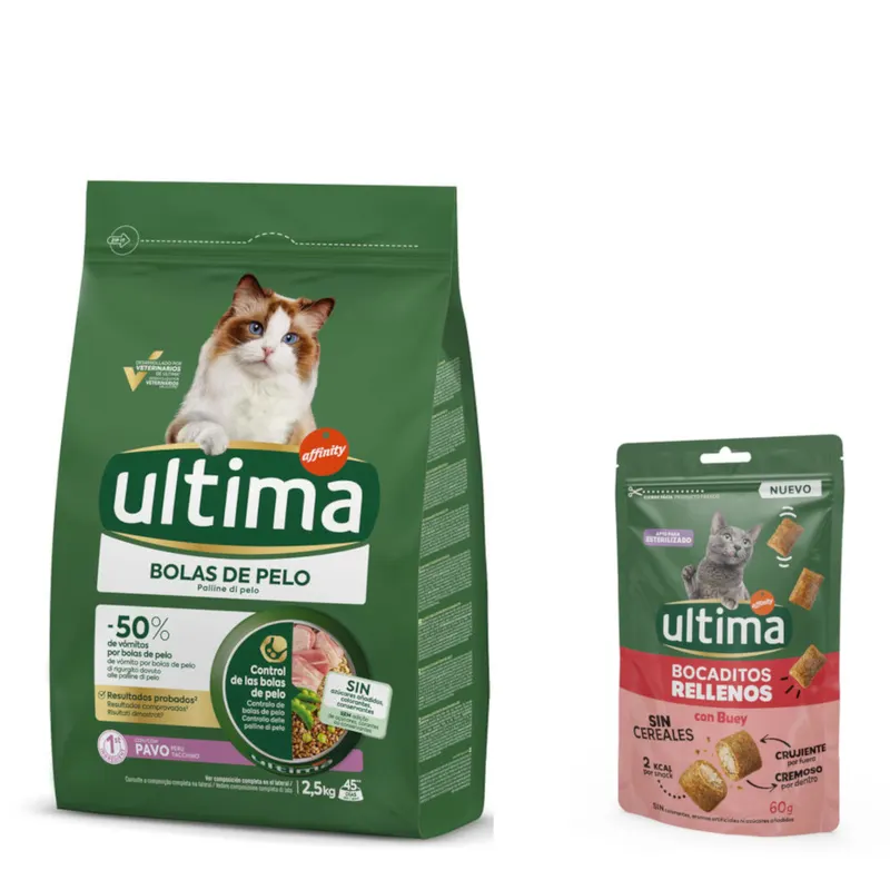 Ultima: karma sucha, 2,5 kg + Snacks nadziewane kawałeczki z wołowiną, 60 g gratis! - Hairball, indyk i ryż