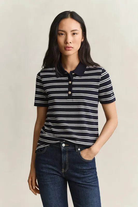 Gant Koszulka Polo Damska W Paski Regular Fit Granatowa