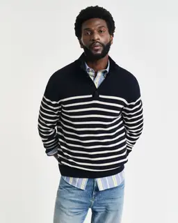 Gant Sweter Męski W Paski Z Półzapinanym Dekoltem Regular Fit Niebieski