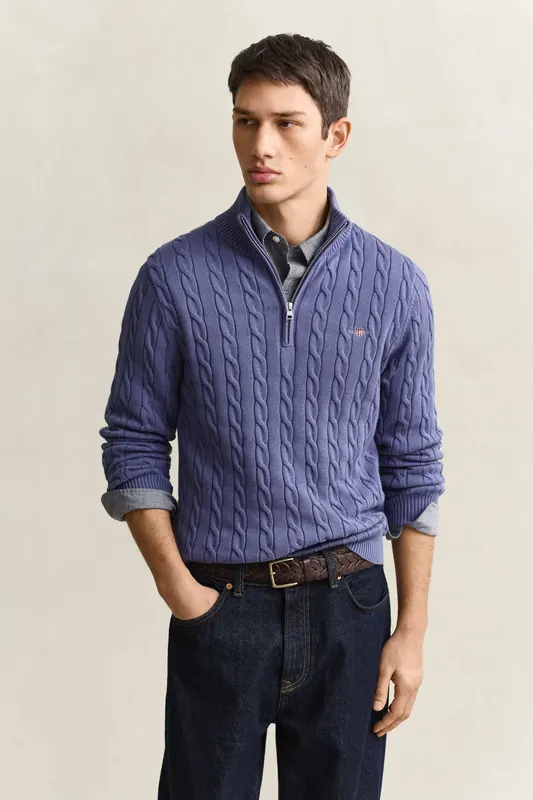 Gant Bawełniany Sweter Męski Half Zip Regular Fit Niebieski