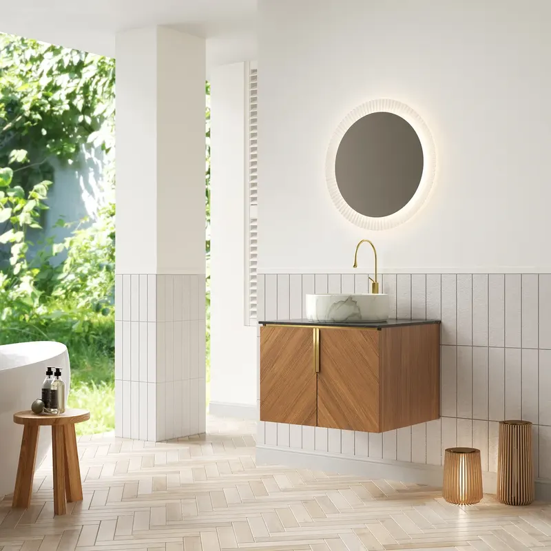 61 cm wisząca szafka łazienkowa z okrągłą białą umywalką ceramiczną ze wzorem kamiennym, czarnym blatem ze spieku kwarcowego, szafką ze sklejki z 2 ..