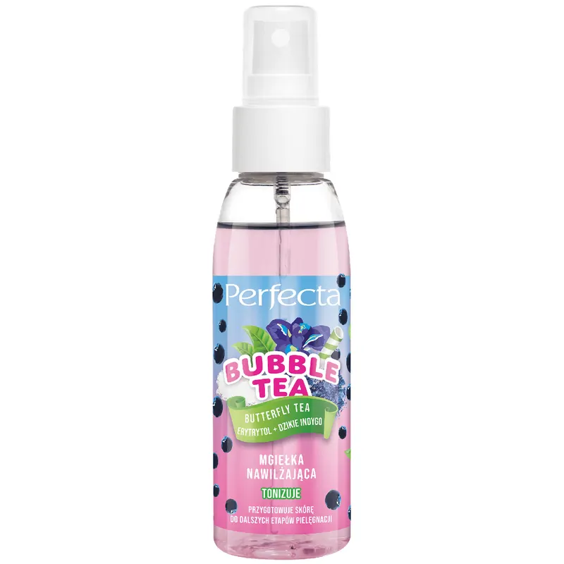 Perfecta Bubble Tea Butterfly Tea mgiełka nawilżająco-tonizująca do twarzy z erytrytolem, dzikim indygo, niebieską i zieloną herbatą, betainą, alantoiną i kwasem migdałowym 100 ml