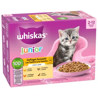 Pakiet mieszany Whiskas Junior, saszetki, 12 x 85 g - Wybór dań drobiowych w galarecie
