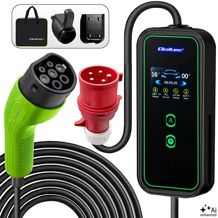 Qoltec Mobilna ładowarka do samochodu elektrycznego EV z regulacją 2w1 Typ2 | 11kW | CEE 5 PIN | LCD | 3 fazy | Przenona | Wallbox | 5m