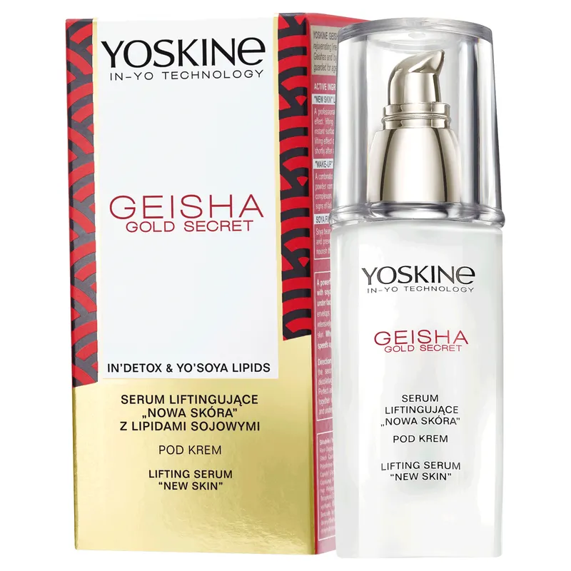 Yoskine Geisha Gold Secret liftingujące serum do twarzy z peptydami, lipidami sojowymi i pudrem ryżowym 30 ml