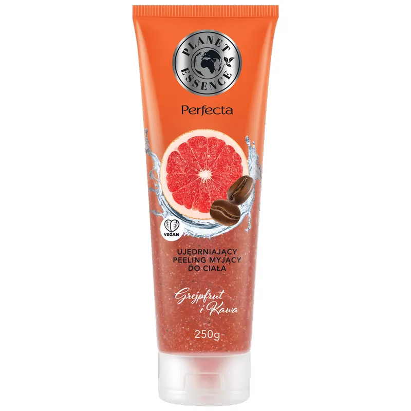 Perfecta Planet Essence ujędrniający peeling myjący do ciała Grejpfrut i Kawa z naturalnymi drobinami wulkanicz 250mlnymi i ziarenkami kawy