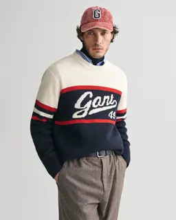 Gant Męski Granatowy Sweter Z Nadrukiem Vintage Z Okrągłym Dekoltem