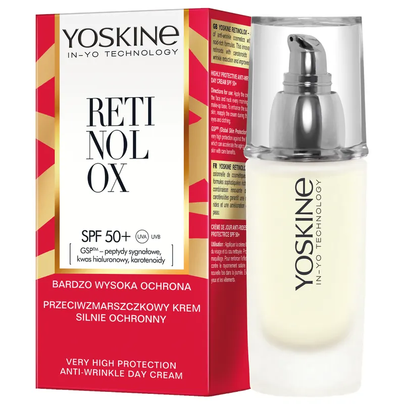Yoskine Retinolox przeciwzmarszczkowy krem silnie ochronny na dzień SPF 50+ z peptydami, kwasem hialuronowym i karotenoidami 30 ml