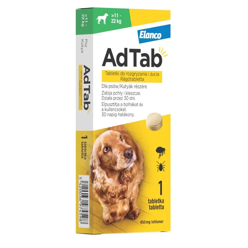 AdTab™ tabletki do rozgryzania i żucia przeciw pchłom i kleszczom dla psów - 1szt., 450 mg, dla psów o wadze 11 - 22 kg