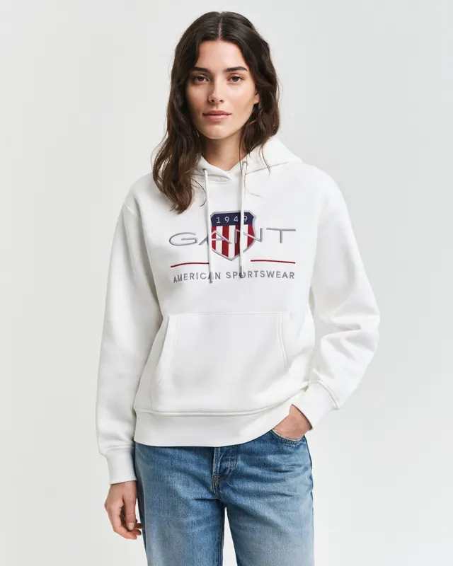 Gant Bluza Damska Z Nadrukiem Z Kapturem Relaxed Fit Kremowa
