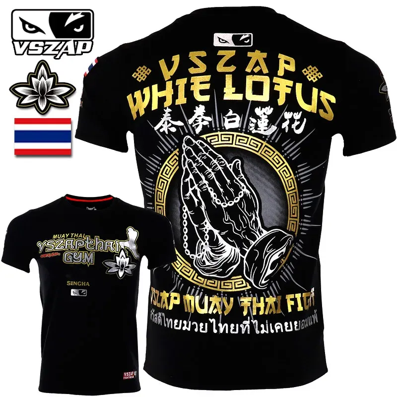 Vszap Gym Cotton Breathable Thai Boxing Style Lotus Short Sleeve Men's T-shirt MMA Combat sport Martial Arts Camping Round Neck