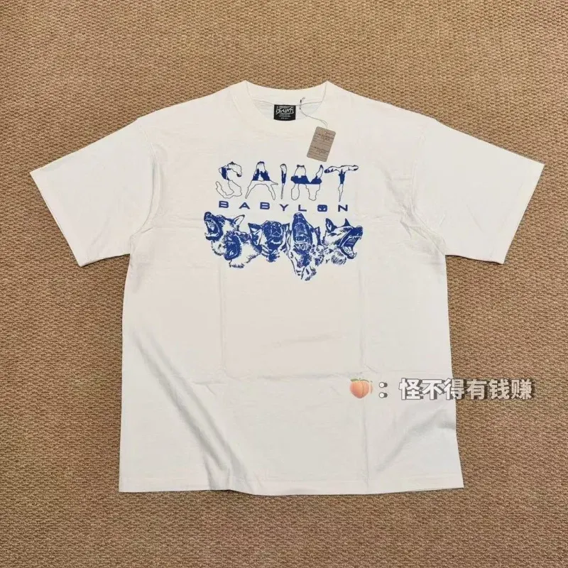 Authentic SAINT Wolf Pack 666 Print T-Shirt - Summer Cotton Seamless Patchwork Crew Neck T-Shirt for Men and Women