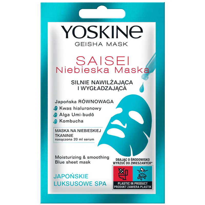 Yoskine Geisha Mask Saisei maska w płachcie na niebieskiej tkaninie z 3 rodzajami kwasu hialuronowego, kombuchą i algą Umi-Budō 20 ml