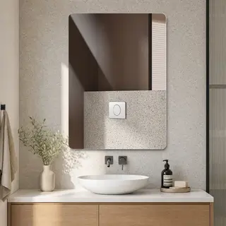 Bezramowe lustro łazienkowe 90 × 70 cm, prostokątne lustro ścienne z zaokrąglonymi rogami, 5 mm bezpieczne szkło hartowane, folia bezpieczeństwa, mo..