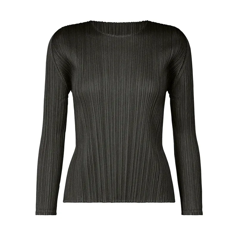 ISSEY Basic Classic Style Ruffled Round-neck Solid Color Slim-Fitting Long-Sleeved Shirt T-Shirt