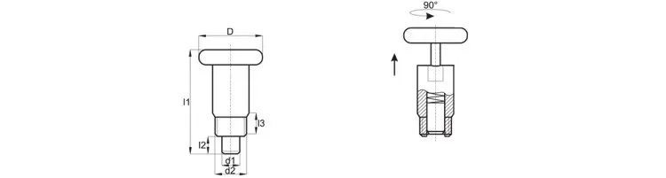 Trzpień ustalający D-24mm d2-M12x1,00mm SW-12 d1-7mm z blokadą