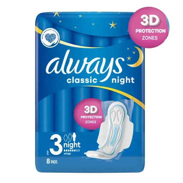 Always Classic Night Chłonne Podpaski Higieniczne Ze Skrzydełkami 8 Szt