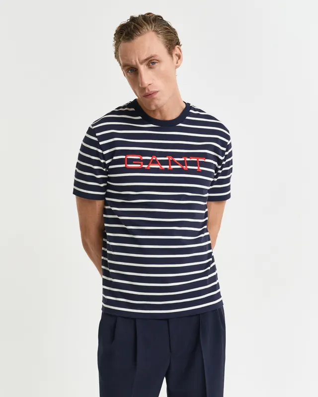 Gant T-Shirt Męski W Paski Z Okrągłym Kołnierzykiem Regular Fit Niebieski