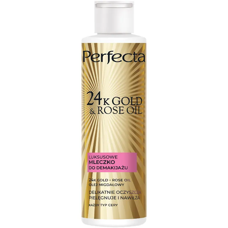 Perfecta 24K Gold&Rose Oil luksusowe mleczko do demakijażu twarzy i okolic oczu z 24K Gold, Rose Oil, olejem migdałowym i betainą 200 ml