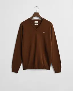 Gant Wełniany Sweter Męski Z Dekoltem V Regular Fit Brązowy