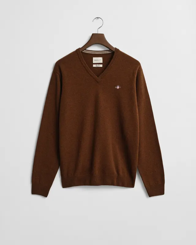 Gant Wełniany Sweter Męski Z Dekoltem V Regular Fit Brązowy
