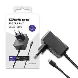 Qoltec Ładowarka Super FAST PD for Raspberry PI 4 | USB-C | 15W | 5V | 3A | Czarna