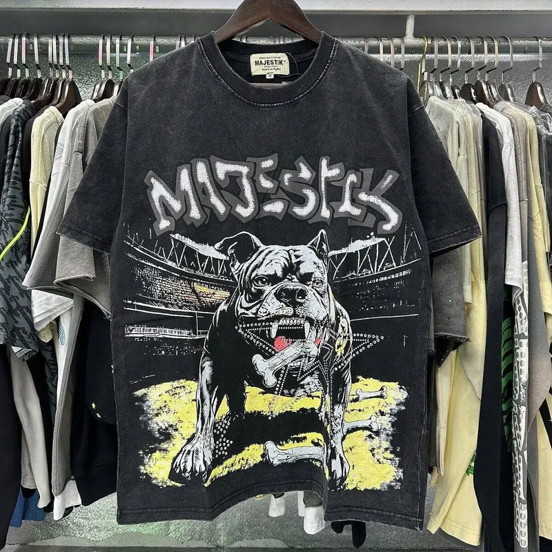 MAJESTIK Trendy Dog Print Washed Vintage Stained Diamond Design Loose Short-Sleeved T-shirt