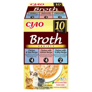 INABA Ciao Broth Bulion z kurczakiem, łososiem, tuńczykiem i przegrzebkami Box - przysmak dla kota - 10x40g