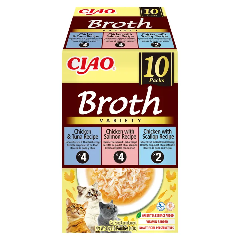 INABA Ciao Broth Bulion z kurczakiem, łososiem, tuńczykiem i przegrzebkami Box - przysmak dla kota - 10x40g