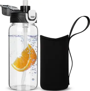 Szklana butelka na wodę 600 ml czarna ze słomką i etui neoprenowym