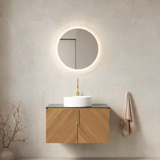 76 cm wisząca szafka łazienkowa z okrągłą białą umywalką ceramiczną, czarnym blatem ze spieku kwarcowego, szafką ze sklejki z 2 drzwiczkami, kolor b..
