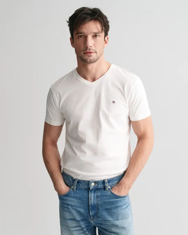 Gant Koszulka Męska Z Dekoltem V Slim Fit Biała