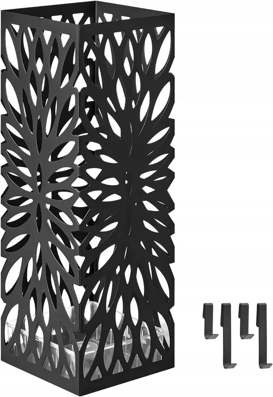 Stojak na parasole METALOWY 15,5 x 15,5 x 41 cm czarny kosz + 4 HACZYKI