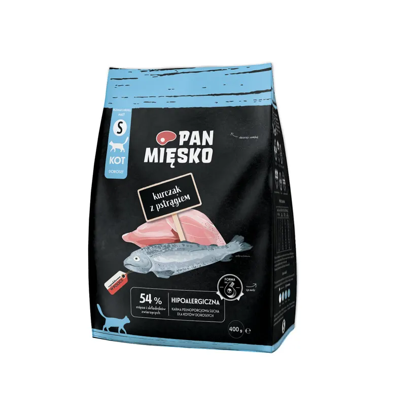 PAN MIĘSKO Kurczak z pstrągiem S - sucha karma dla kota - 400g