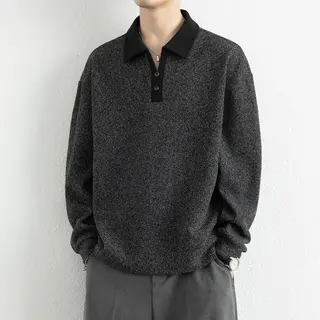 Mens Loose Knitted Polo Shirt Long Sleeve Contrast Collar Casual Pullover Top Button Placket Streetwear Style Spring Autumn