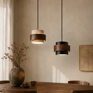 ISHIRO – designerska lampa wisząca z trawertynu i drewna w stylu japandi