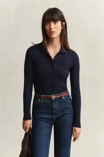 Gant Koszulka Polo Prążkowana Damska Slim Fit Granatowa
