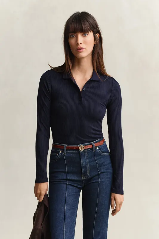 Gant Koszulka Polo Prążkowana Damska Slim Fit Granatowa