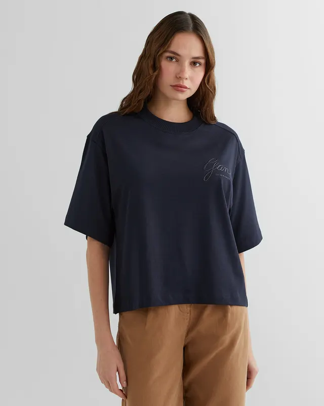 Gant Damska Granatowa Koszulka Relaxed Fit Z Okrągłym Dekoltem