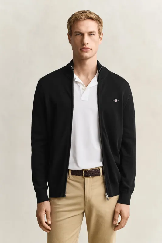 Gant Sweter Męski Z Zamkiem Z Długim Rękawem Regular Fit Czarny