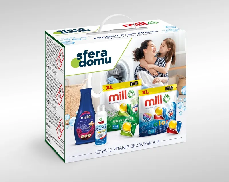 Zestaw środków do pralek Mill – kapsułki 2×30 szt. + perfumy do tkanin 750 ml + płyn do pralek 300 ml