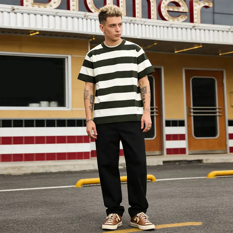 2026 New American Retro Khaki T-shirt Heavy Duty Motorcycle Men's Short Sleeved Thick Striped T-shirt 260g Heavy Duty TEE