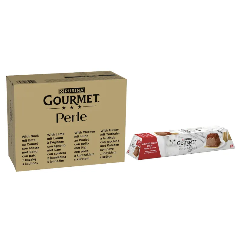 Gourmet: Perle, 96 x 85 g + Revelations Mus, wołowina, 12 x 57 g gratis! - Kaczka, jagnięcina, kurczak, indyk w sosie, 96 x 85 g + Wołowina, 12 x 57 g