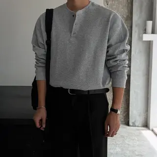 2026 Waffle Henry Collar Long Sleeve T-Shirt Men's Spring and Autumn Loose Old Money Style Base Shirt Korean Commuter Outfit