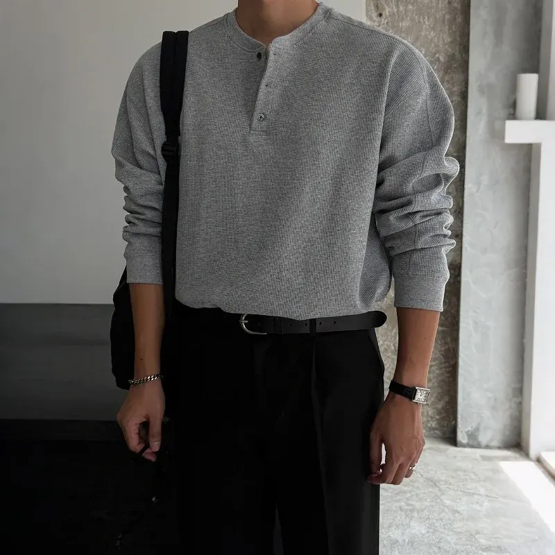2026 Waffle Henry Collar Long Sleeve T-Shirt Men's Spring and Autumn Loose Old Money Style Base Shirt Korean Commuter Outfit