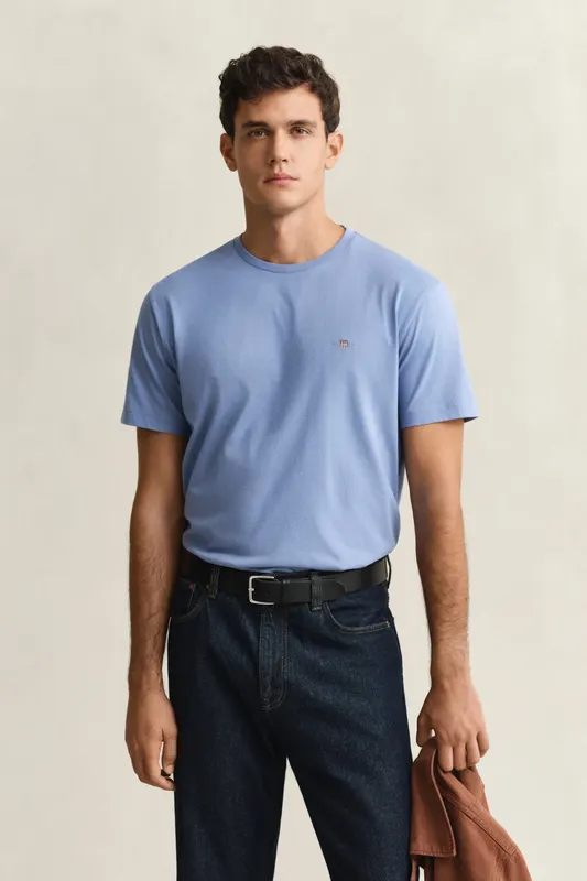 Gant Bawełniany T-Shirt Męski Z Okrągłym Kołnierzykiem Regular Fit Niebieski