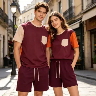 1Set Couple Outfit Summer Cotton Retro Block Pocket Tee Preppy Coarse Yarn Drawstring Loose Sports 5 Inch Casual Shorts Unisex