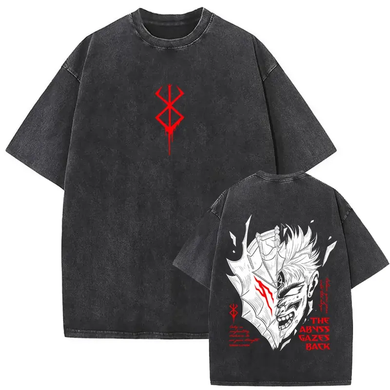 Washed Vintage Anime Berserk Guts Graphic T Shirt Men Women Clothing Cartoon Manga Harajuku T-shirt Men's Gothic Horror T-shirts